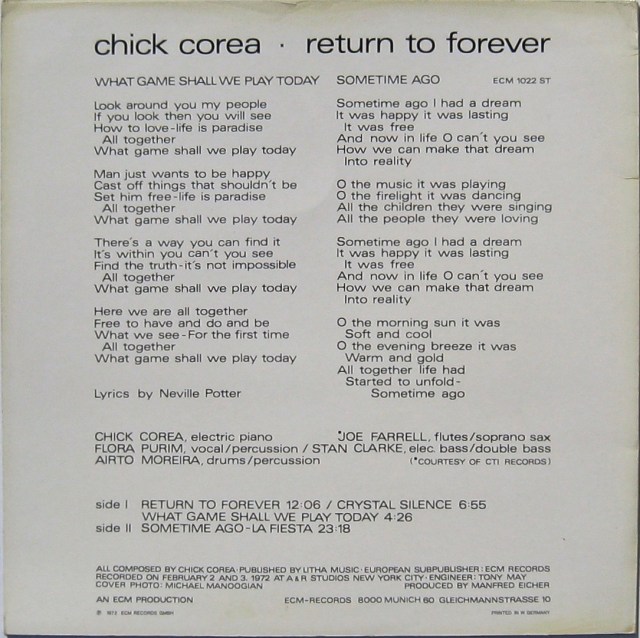 Return to Forever 1972 Back cover